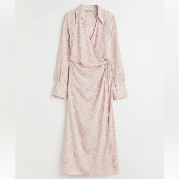 H&M Light Pastel Spring Ditsy Floral Long Sleeve True Wrap Midi Dress Small - Picture 3 of 15